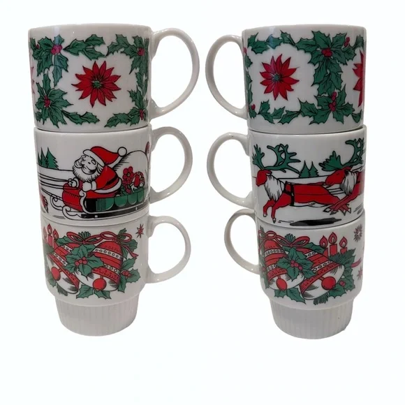 Holidays Santa Stackable Tea Coffee Coco Mugs Cups Japanese Vintage